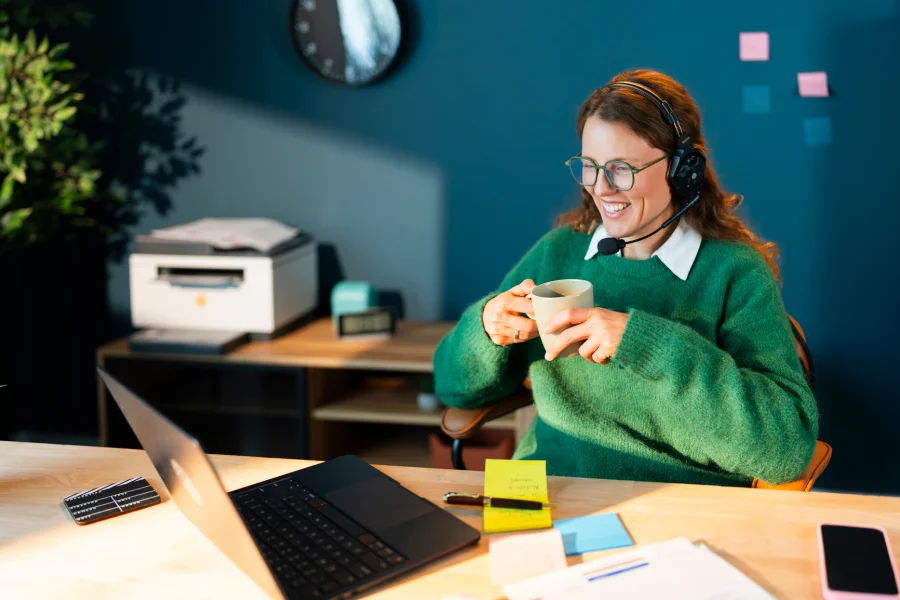 A person wearing a headset during a video meeting