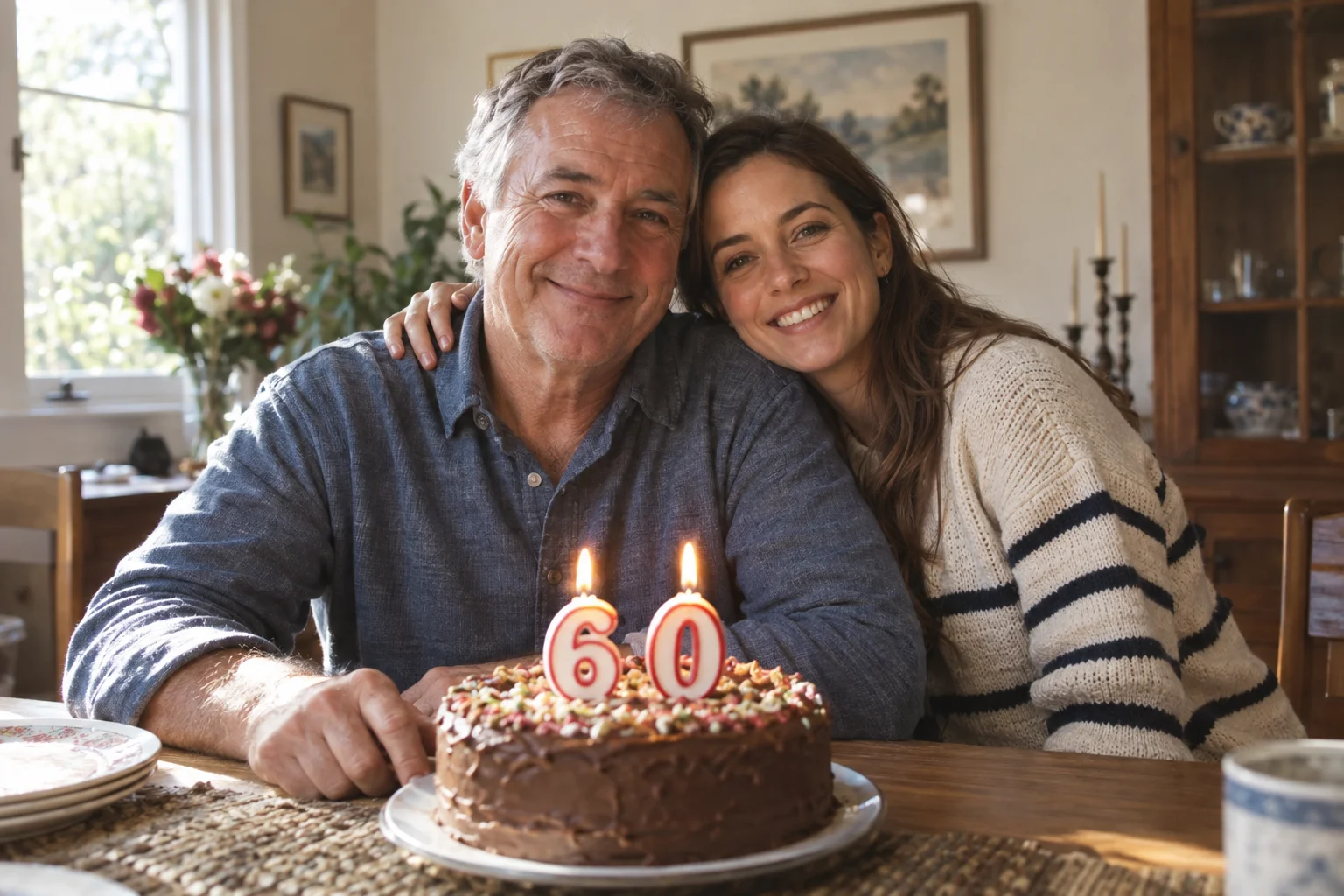 A father and his adult daughter celebrating his 60th birthday with a cake